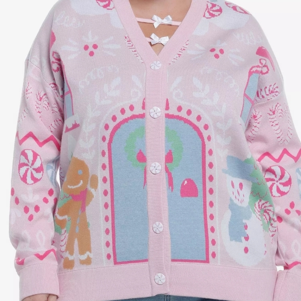 Sweet Society Pink Gingerbread House Plus Size Cardigan For Christmas NWT 0XL